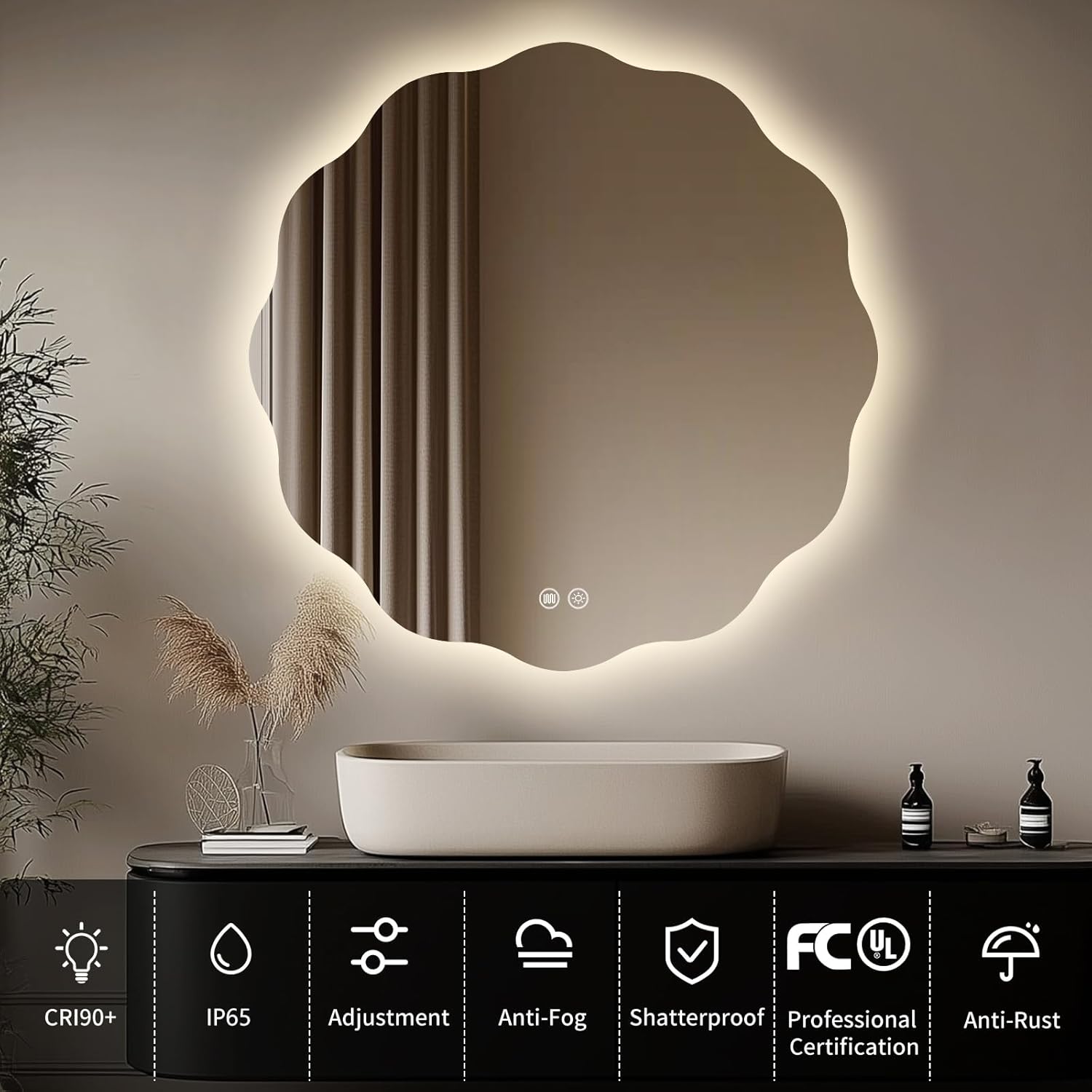 Round LED Bathroom Mirror with Lights 30", Stepless Dimmable Circle LED Mirror with 3 Colors, Anti-Fog, Memory, Frameless Smart Vanity Mirror