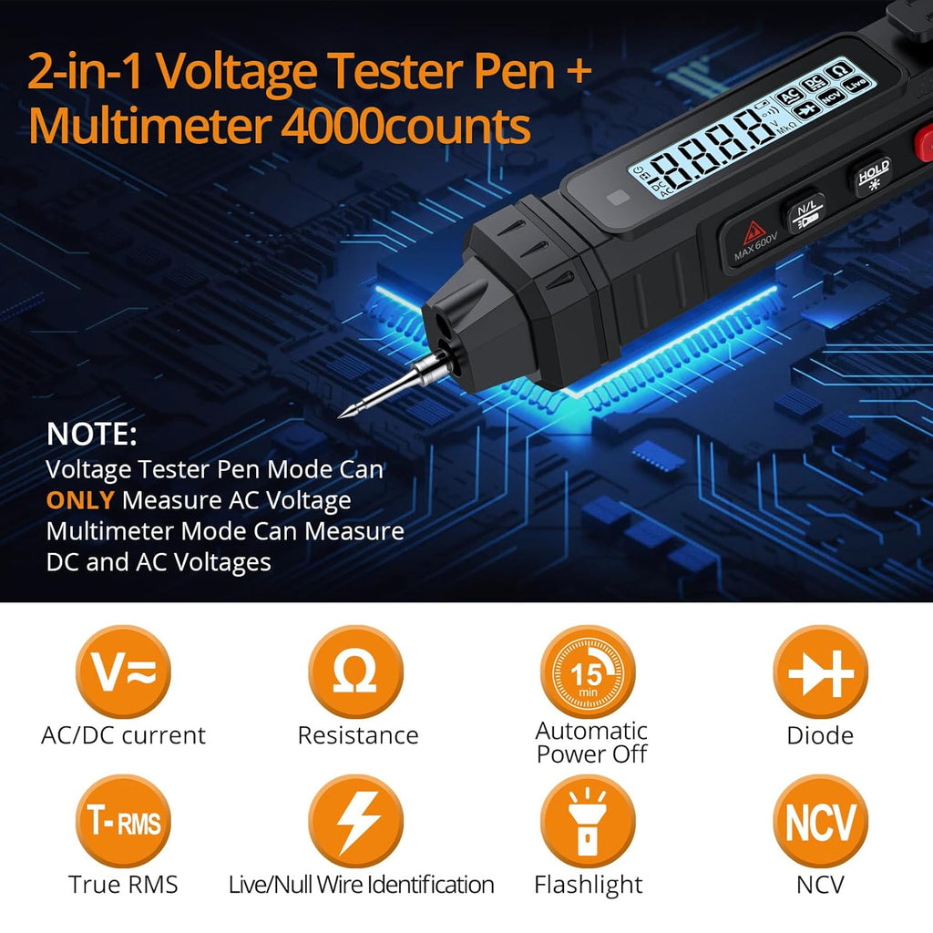 Neoteck 2 in 1 Pen Type Digital Multimeter Voltage Tester 4000 Counts Intelligent TRMS Multimeter Non-Contact Voltmeter for Testing AC/DC Voltage Resistance Continuity Capacitance Diode Live Wire