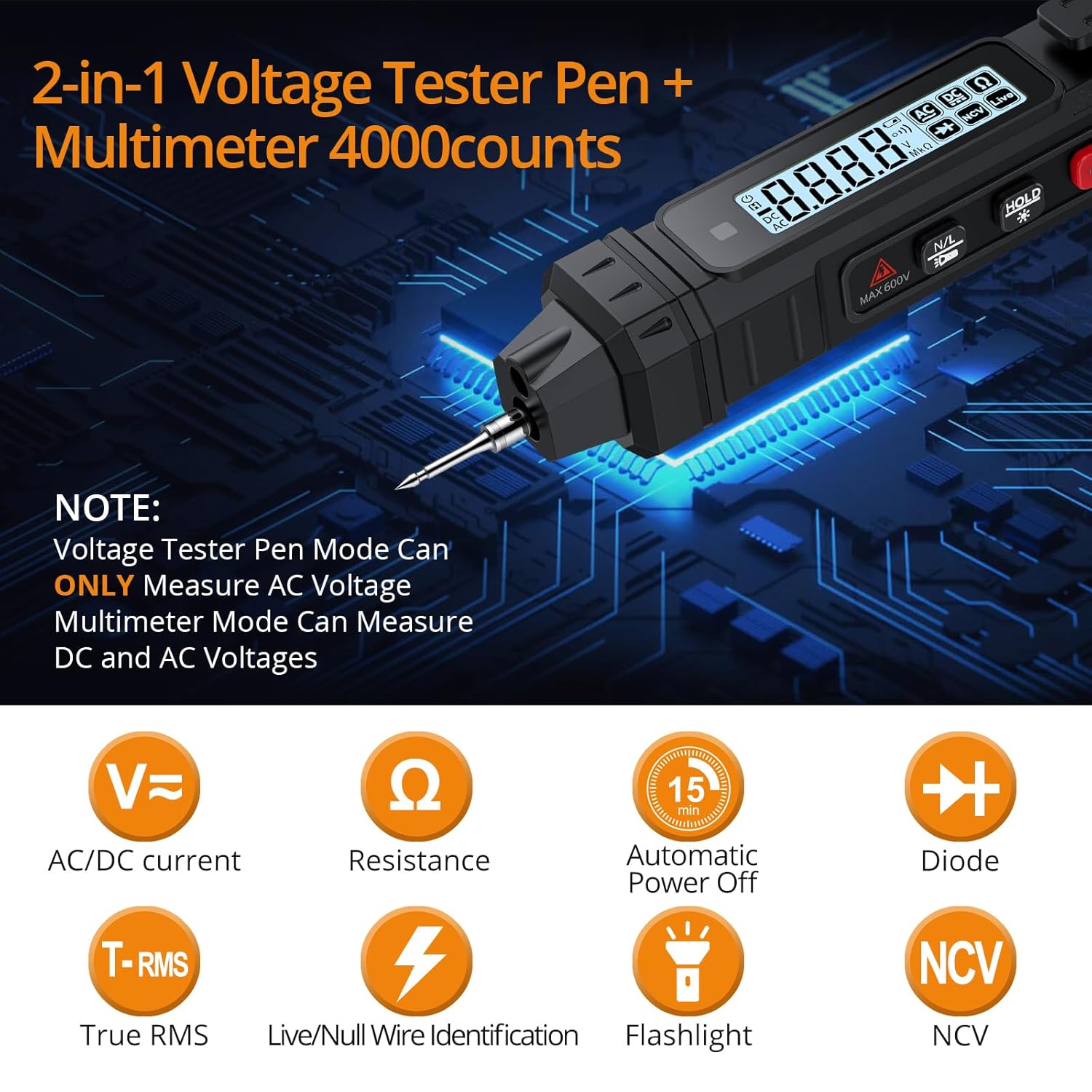 Neoteck 2 in 1 Pen Type Digital Multimeter Voltage Tester 4000 Counts Intelligent TRMS Multimeter Non-Contact Voltmeter for Testing AC/DC Voltage Resistance Continuity Capacitance Diode Live Wire