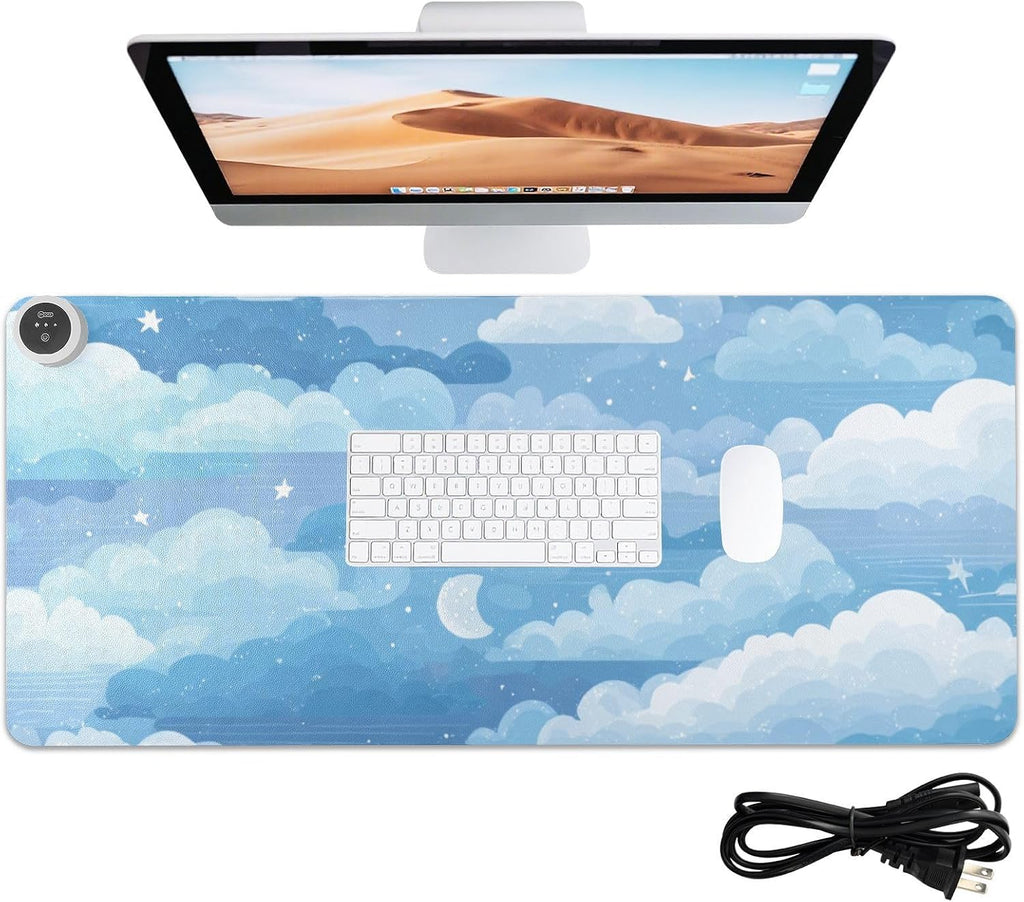 Heated Desk Pad Mouse Pad 31.5x13 Inch PU Leather Desk Mat with 3 Heat Levels Large Mouse Gaming Computer Laptop Mat Blue Gradient Cloud and Stars