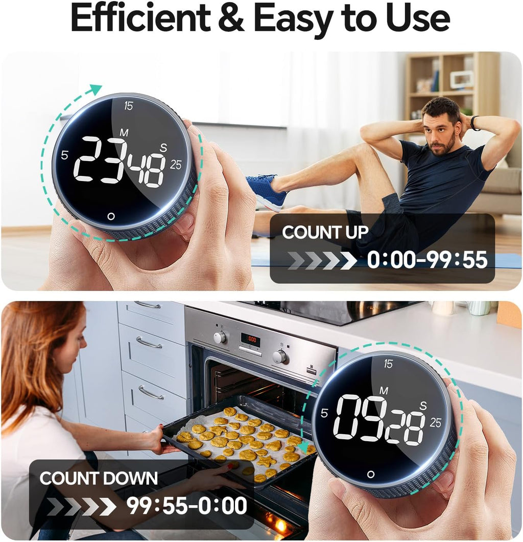 Digital Kitchen Timer, Large Display Magnetic Countdown Countup Timer, 3 Preset Times (5, 15, 25),Volume & Brightness Adjustable for Cooking Classroom Studying, Easy for Kids (Black,2Pcs)
