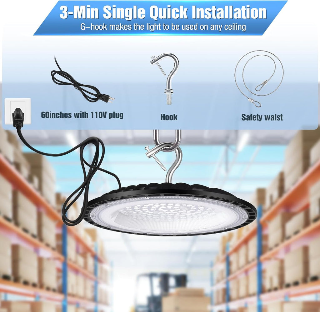 150W UFO Led High Bay Light Fixture,5000K Daylight Commercial Shop Bay Lighting,120VAC,[650W MH/HPS Equiv.] 21000LM,US Plug Area Lighting for Garage/Warehouse/Barn/Gym/Factory/Workshop