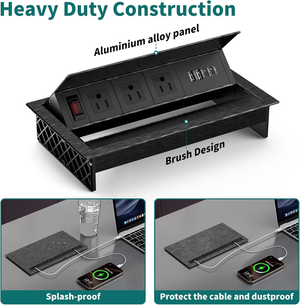 QBA Tabletop Brush Connectivity Box Outlet, Recessed Power Strip with USB-C 30W, 3 TR Outlets, 4 USB Ports, for Home Office, Black