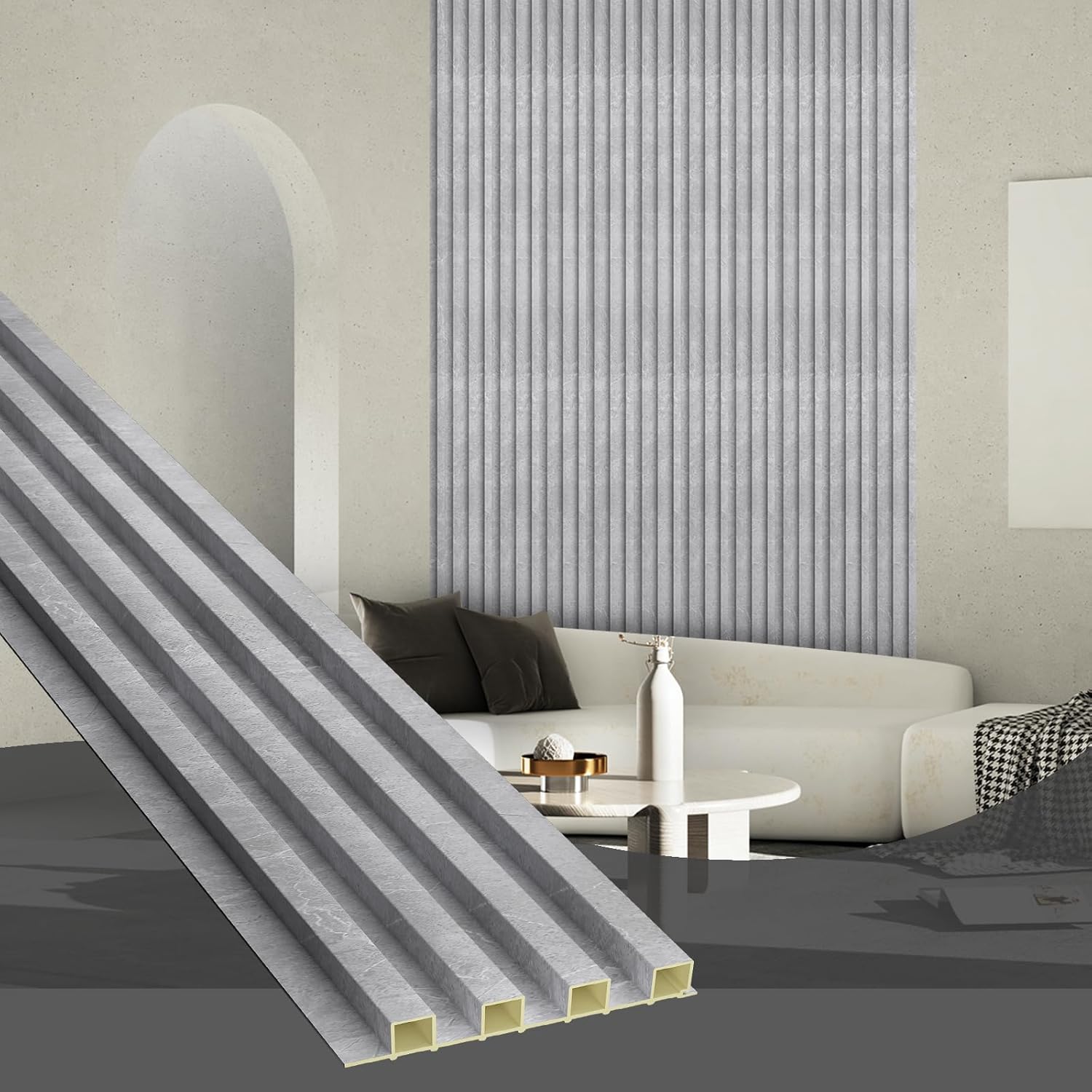 OUZUGIE WPC Acoustic Slat Wall Paneling, 8-Pack 114 x 6 Inches 3D Wall Panels for Interior Wall Decor,Living Room,TV Background,Study Room,Office Spaces,Bedroom,High Grille (Gray Marble)