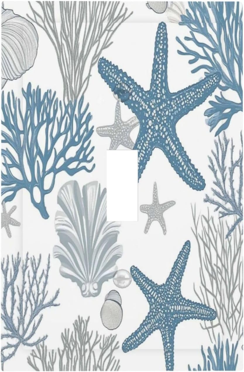 Blue Starfish Nautical Beach Conch Coastal Coral Shell Decorative Light Switch Cover 1 Gang Single Toggle Device Electrical Faceplate Switchplates Decorator Outlet Wall Plate For Kids Room Bathroom
