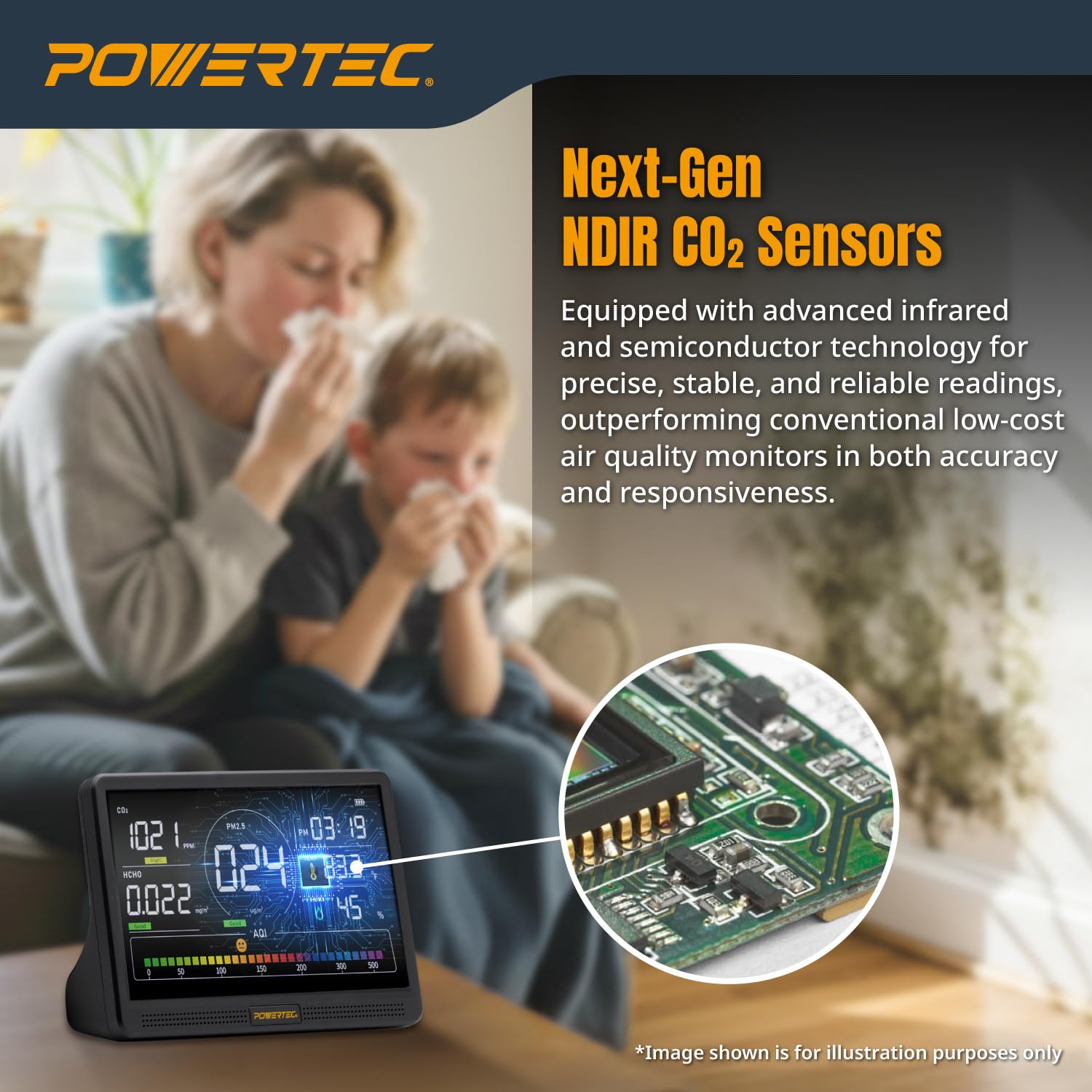 POWERTEC AD1001 Air Quality Monitor with 7” LCD Display – Multi-Sensor CO₂, PM2.5, PM10, HCHO, TVOC Detector, NDIR & Semiconductor Sensors, Rechargeable Indoor/Workshop Air Monitor