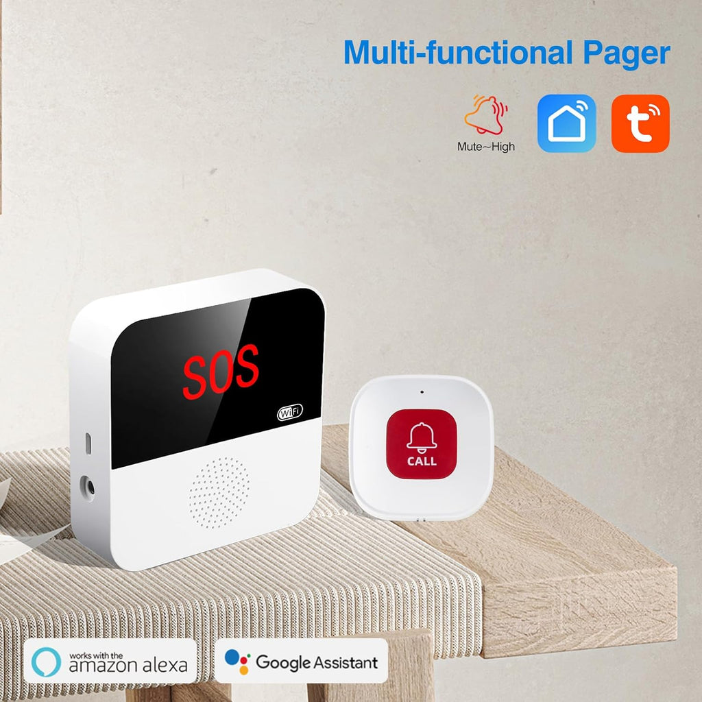 WiFi Elderly Monitoring, Caregiver Pagers Life Alert Systems for Seniors no Monthly Fee, 1 Receiver & 2 Panic Button, Compatible with Tuya Smart/Smart Life APP (Only Supports Wi-Fi 2.4GHz )