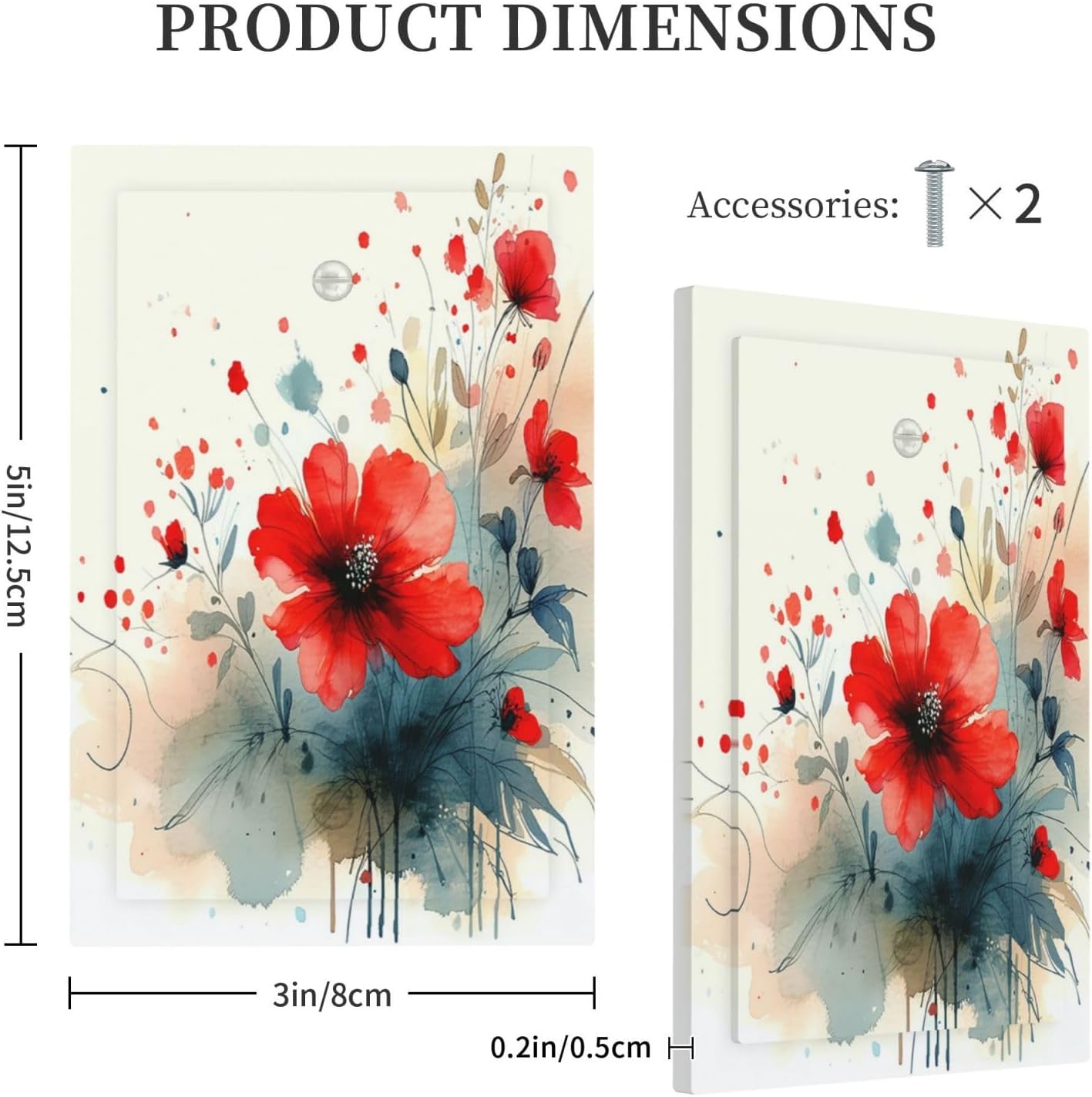 Vintage Floral Red Watercolor Modern Light Switch Cover Plate 1 Gang No Device Blank Decorative Switch Plate Electrical Wall Plates Faceplate for Bedroom Bathroom Decor