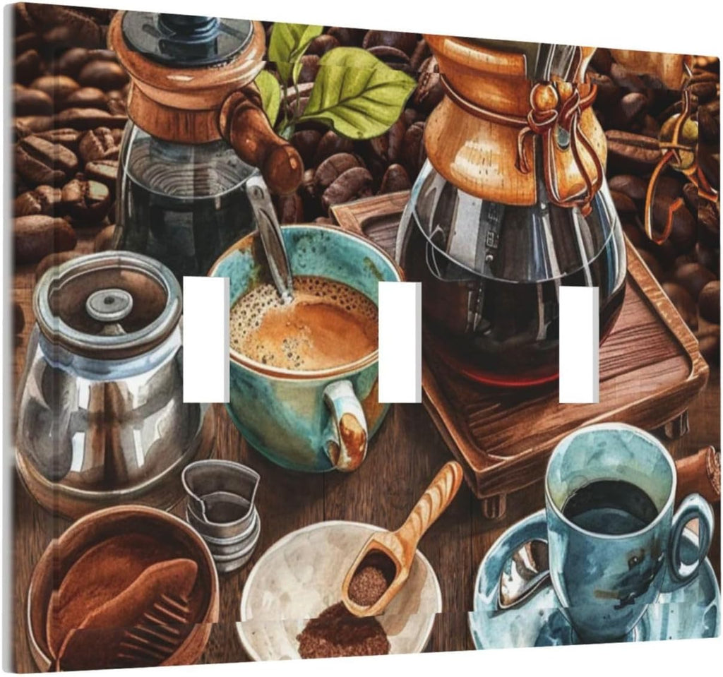 Decorative Light Switch Cover Plate Retro Coffee Maker Beans Cup 3 Gang Wall Plate Oversized Triple Toggle Switch Cover Plate Jumbo Faceplate for Kirchen Home Decor