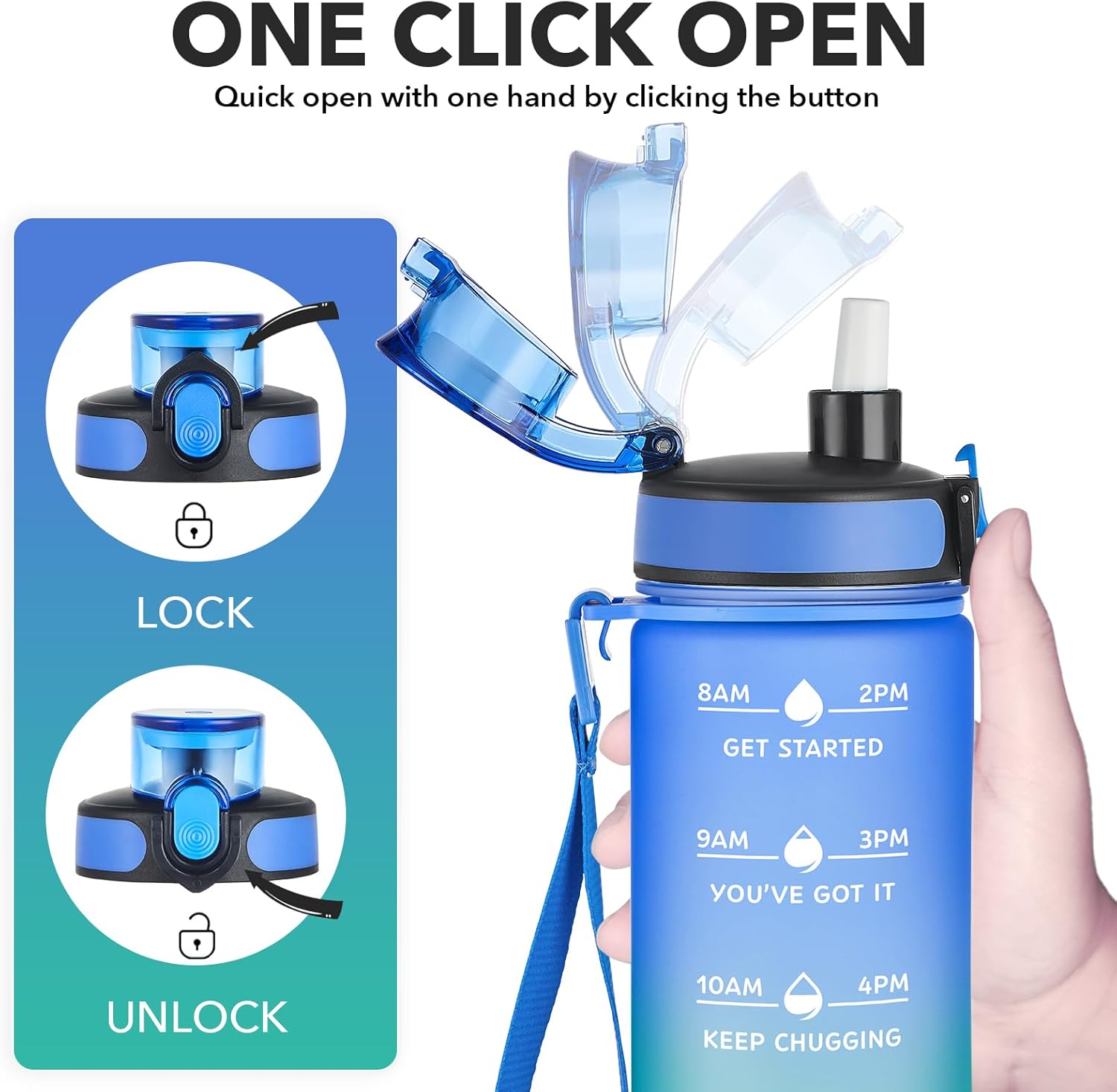 Enerbone Water Bottle, Leakproof BPA & Toxic Free, Motivational Water Bottle with Times to Drink and Straw, Fitness Sports Water Bottle with Strap for Office, Gym, Outdoor Sports