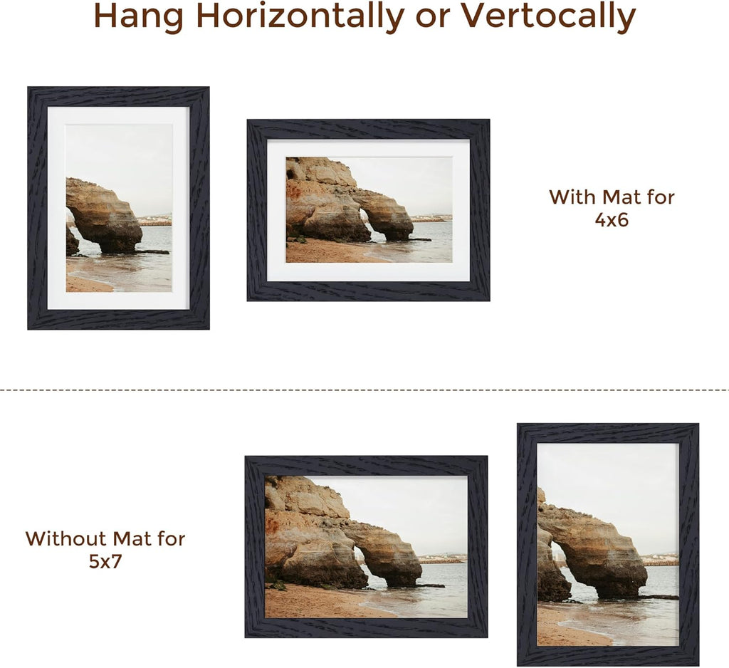 5x7 Picture Frame, Solid Oak Wood 5 x 7 Frame with Plexiglass, 5 by 7 Photo Frame for Wall & Tabletop Display, 5x7 Picture Frame Matted to 4x6, Black Color, 3 Pack