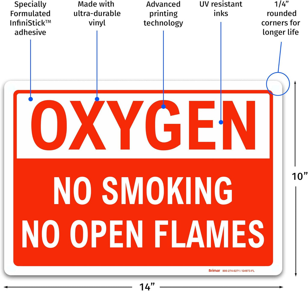 Brimar - 14 x 10" - Oxygen No Smoking No Open Flames Sign - 3.5 Mil InfiniStick™ Vinyl Label - Clear Warning - Easy Installation