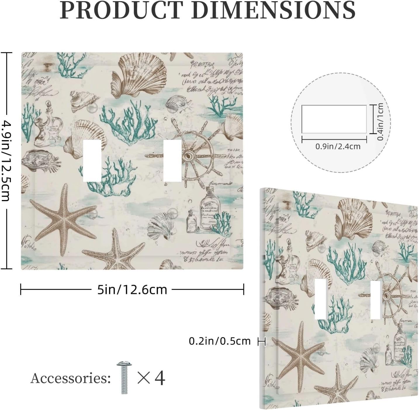 Mid Century Seashells Starfish Compass Decorative Switch Plates 2 Gang Double Toggle Outlet Light Switch Cover Wall Plate Electrical Faceplate For Nursery Kids Room Decor