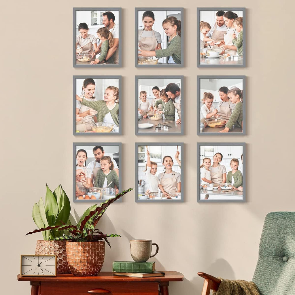 Renditions Gallery Set of 9, 11X14 Custom Photo Prints with Real Wood Picture Frames. Create Personalized Photos with Peel & Stick Photo Frames. Gray Frame