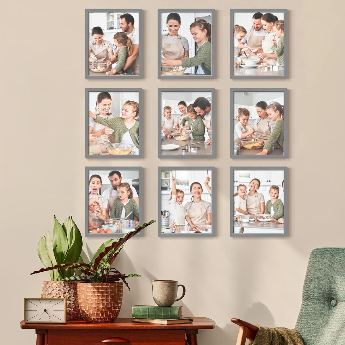 Renditions Gallery Set of 9, 11X14 Custom Photo Prints with Real Wood Picture Frames. Create Personalized Photos with Peel & Stick Photo Frames. Gray Frame