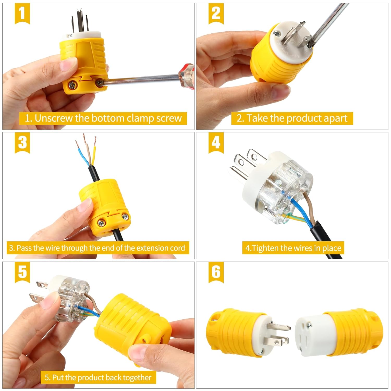 Sherr 24 Pcs Extension Cord Ends 15A 125V 2 Pole 3 Wire Heavy Duty Replacement Male Plug Female Connector Set 5-15P 5-15R Straight Blade Plug Grounding Type/ETL Listed (Male,Female)