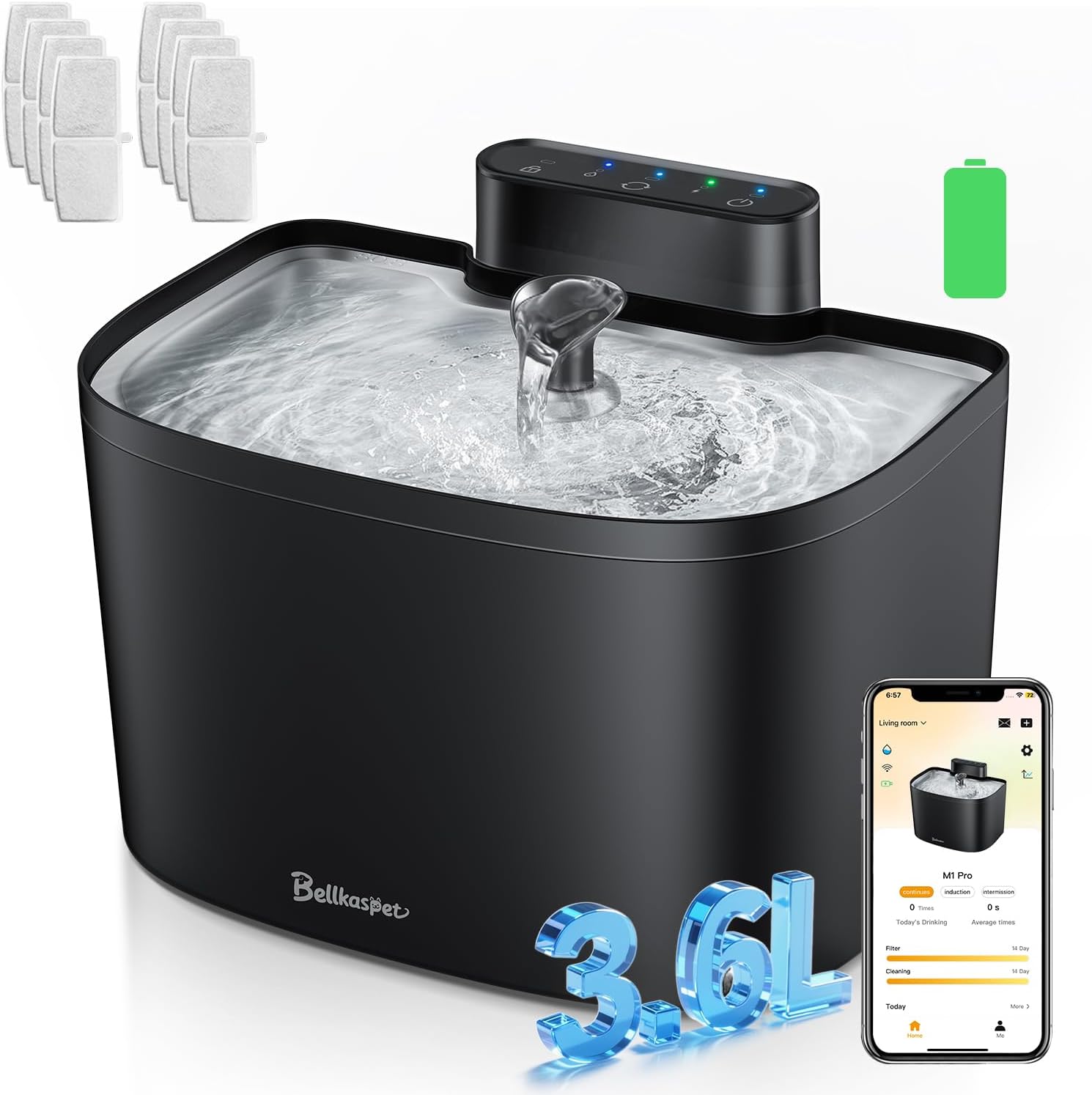 Cat Water Fountain, App Control Wireless Cat Fountain, 122oz/3.6L Pumpless Water Fountains for Cats Indoor with Stainless Steel Tray, Wi-Fi Dog and Pet Water Fountain (Black, Fountain+8 Fliters)