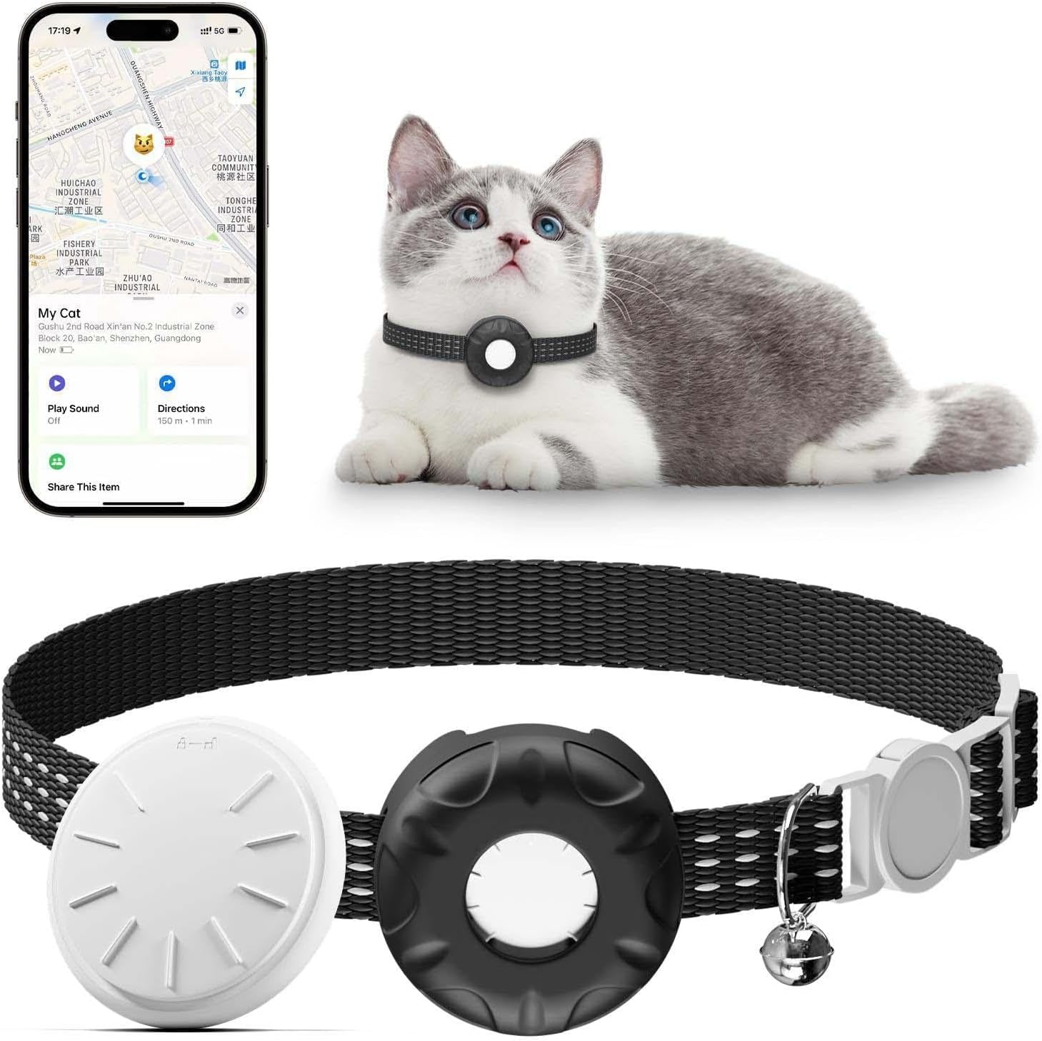 Cat GPS Tracker, Waterproof Pet Tracker for Cats, Cat GPS Tracker Collar with Safety Elastic Buckle, Works with Any Collar,Compatible with Apple Find My App (Only iOS), No Monthly Fee, Black