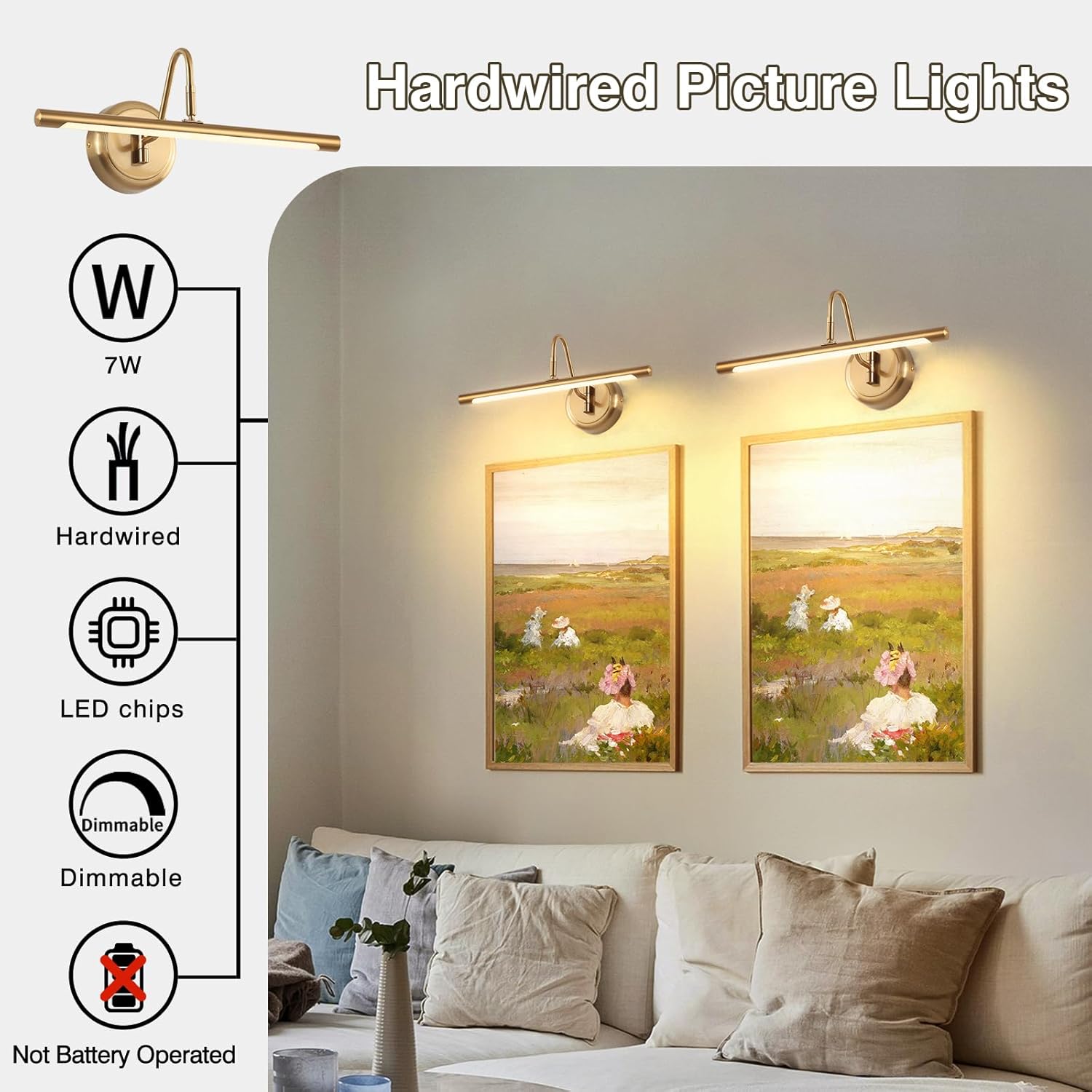 JOOSENLUX Dimmable Picture Lights - Modern 7W LED Wall Sconces for Paintings, 16.54" Long, 3000K Warm Light, Brass Golden Finish - Indoor Hallway Lighting Fixtures with Hard-Wired Connection