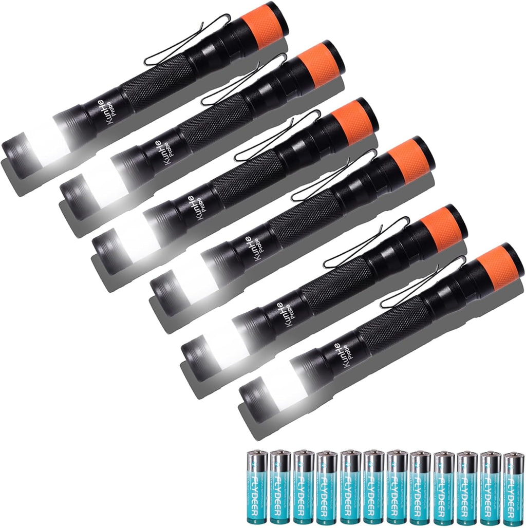 KunHe Probe 6 Pack LED 250 Lumens Pen Flashlight High Lumens with AA*12 Alkaline Batteries(Included) and Magnetic Base for Inspection Repair Engineer Gift for Husband Dad