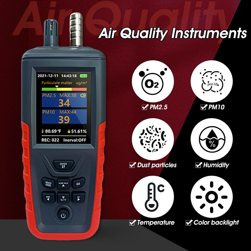 Air Quality Monitor Dust Particle Counter Indoor, Home Air Quality Sensitivity Test 6-Channel Pm0.3/0.5/1.0/2.5/5/10 Um Tester with Temperature/Humidity Monitor/USB Recharge Data Transfer/Storage