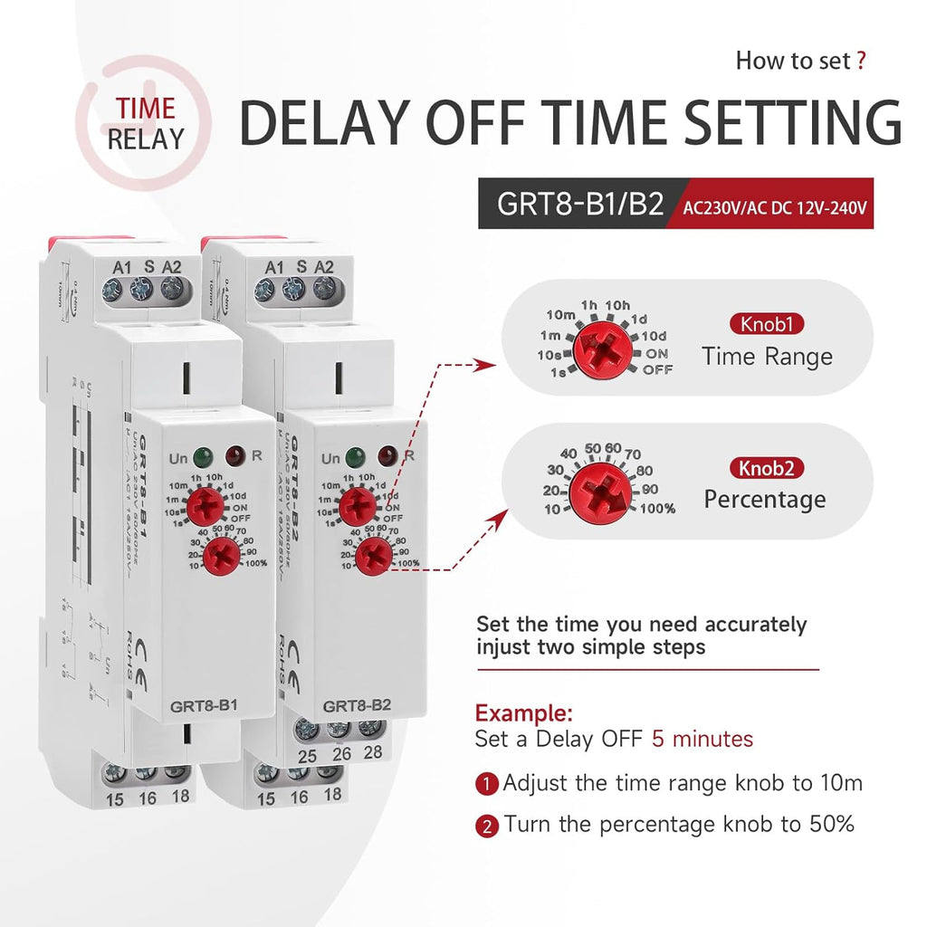 Delay Turn Off Time Relay 16A Delay Timer Relay 2SPDT GRT8 B2 DIN Rail Electronic Relays of Wide Time Delay Range for 0.1 Seconds to 10 Days Voltage Range AC 230V
