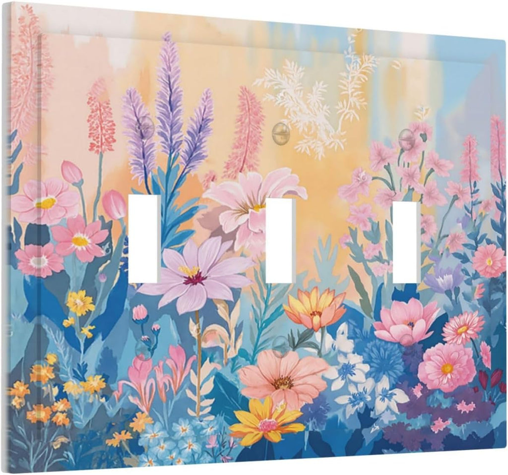 Decorative Light Switch Cover Plate Colorful Watercolor Flowers Wildflower Plants 3 Gang Wall Plate Triple Toggle Switch Plate Covers Electrical Outlet Cover for Bathroom Home Decor