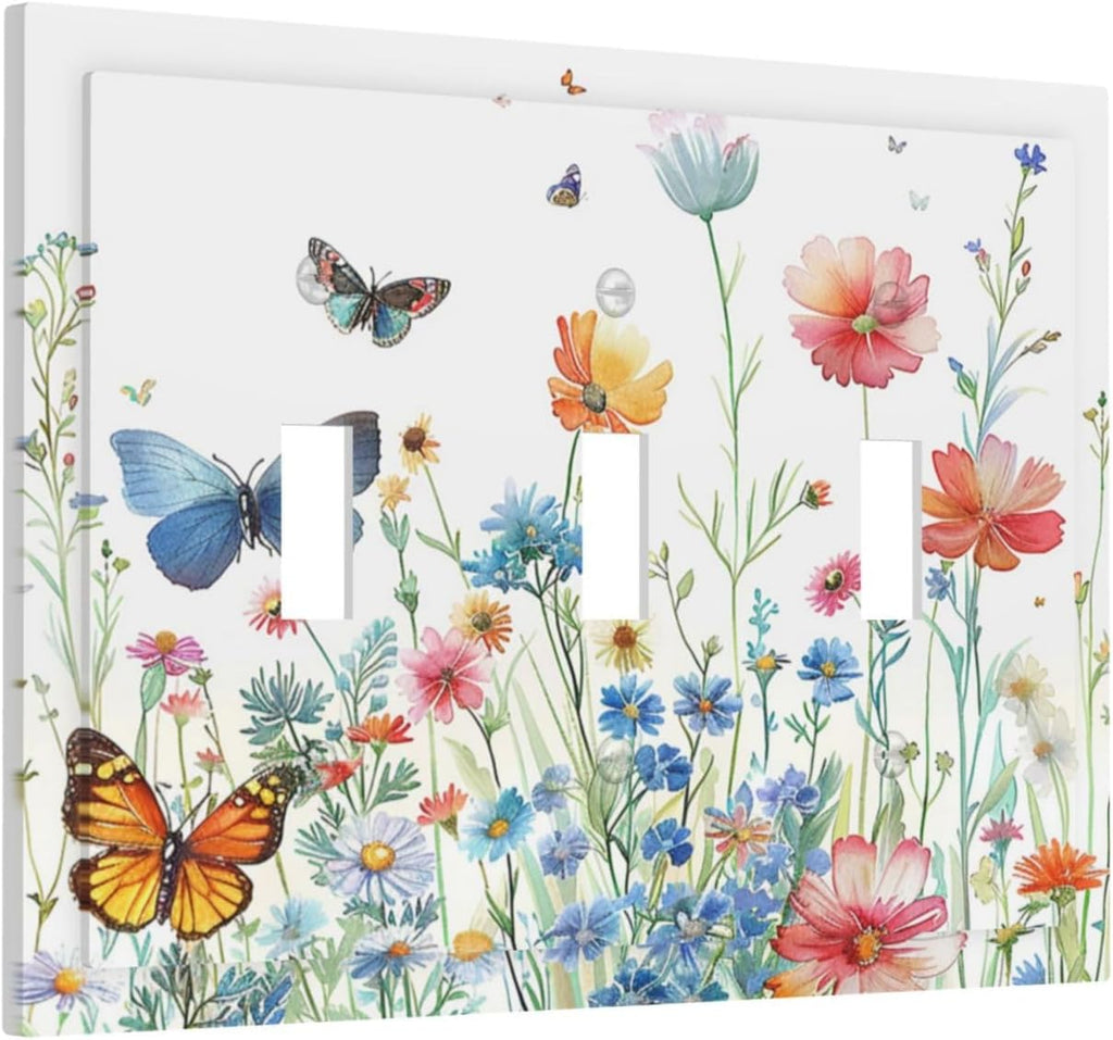 Decorative Light Switch Cover Plate Rustic Wildflower Blue Pink Floral Butterfly 3 Gang Wall Plates for Electrical Outlets Triple Toggle Switch Plate Covers Outlet Covers for Home Decor