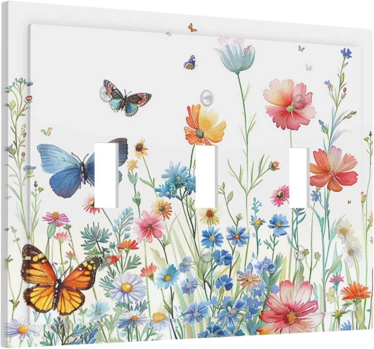 Decorative Light Switch Cover Plate Rustic Wildflower Blue Pink Floral Butterfly 3 Gang Wall Plates for Electrical Outlets Triple Toggle Switch Plate Covers Outlet Covers for Home Decor