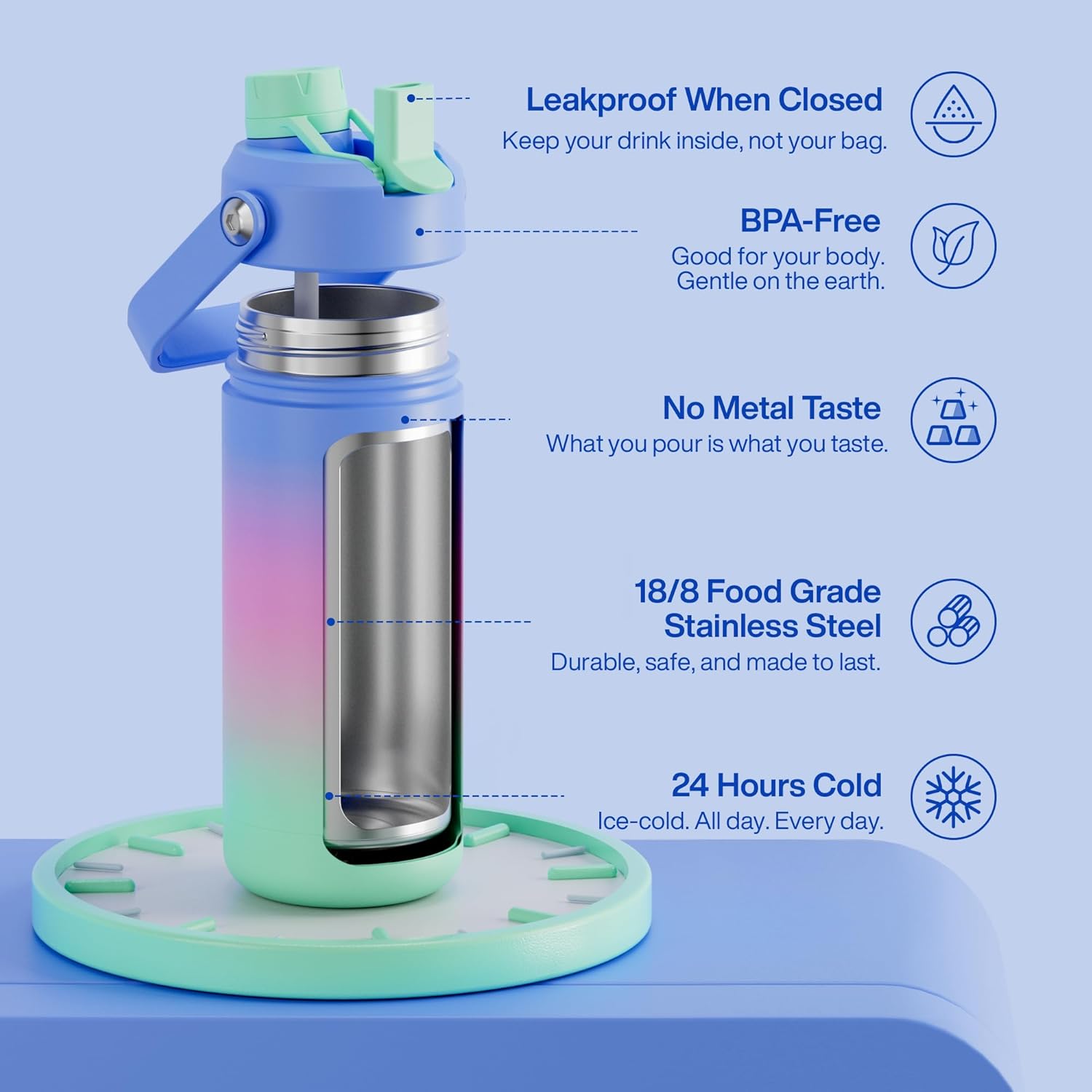ENCOOL Insulated Water Bottle with Straw Stainless Steel Water Bottle, Leak-Proof, BPA-Free, Double Wall Vacuum Keeps Cold for 24 Hours for Sports, Travel, School (18 oz, Frosted Lilac)