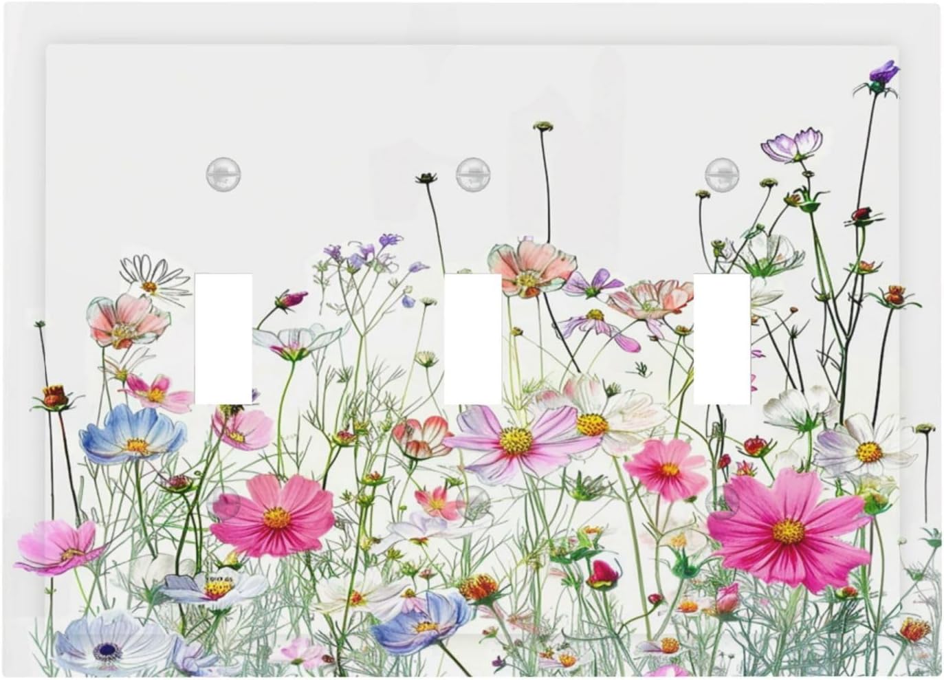 Decorative Switch Plates Boho Colorful Flowering Plant Wild Flower 3 Gang Wall Plate Triple Toggle Light Switch Cover Faceplate Electrical Wall Panels For Bed Room Living Room Decor