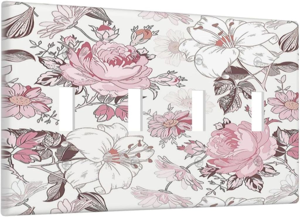 Light Switch Covers Modern Watercolor Flower Pink White Wildflower Quad Toggle 4 Gang Wall Plate Electrical Faceplate Decorative Switch Plates for Bedroom Home Decor