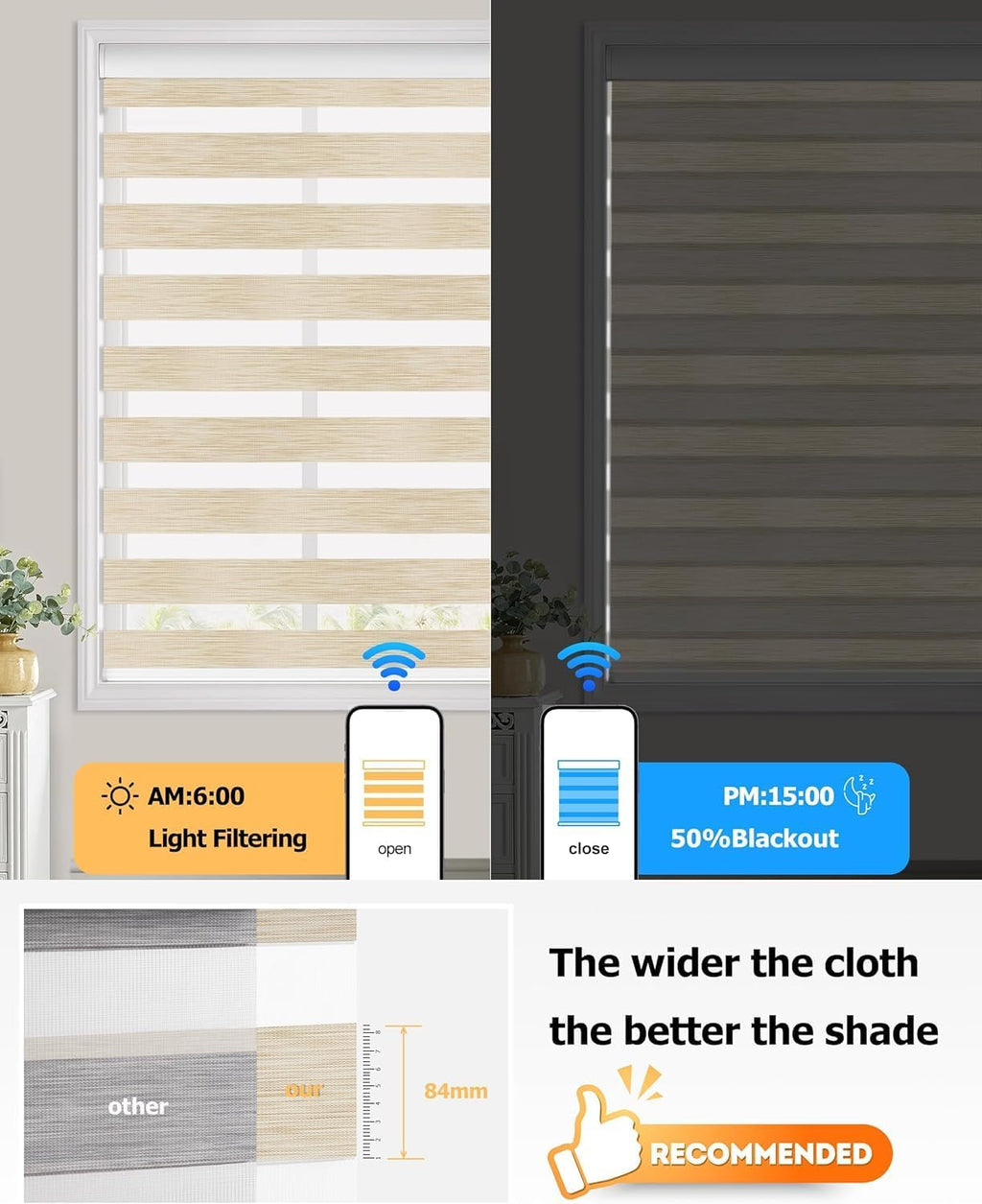 LazBlinds Motorized Zebra Roller Shades, Rechargeable Smart Blinds with Remote Control, Custom Size Light Filtering Dual Layer Roller Sheer Shades, Beige Linen
