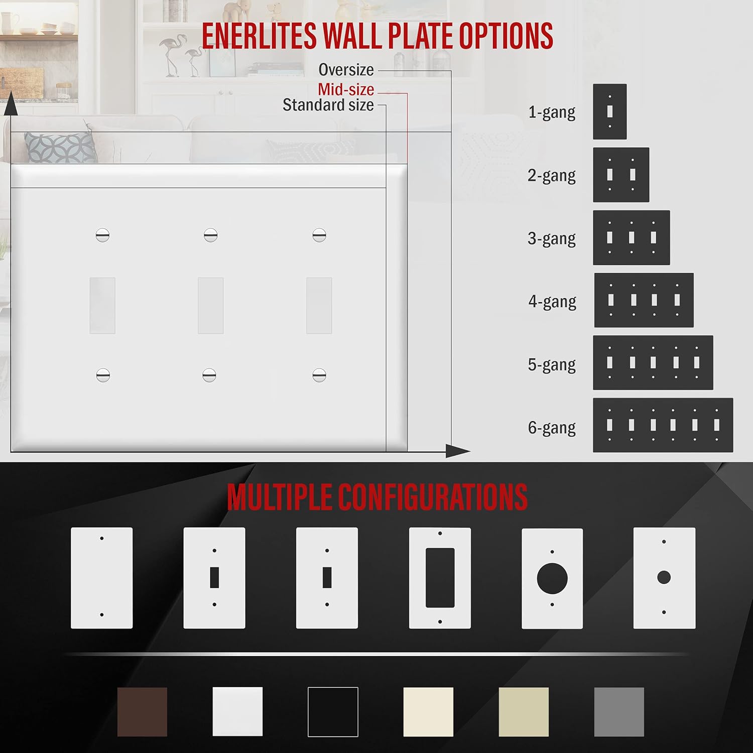 ENERLITES Toggle Light Switch Wall Plate, Gloss Finish, 3-Gang 4.88" x 6.77", Mid-Size, Unbreakable Polycarbonate Thermoplastic, UL Listed, 8813M-W, White