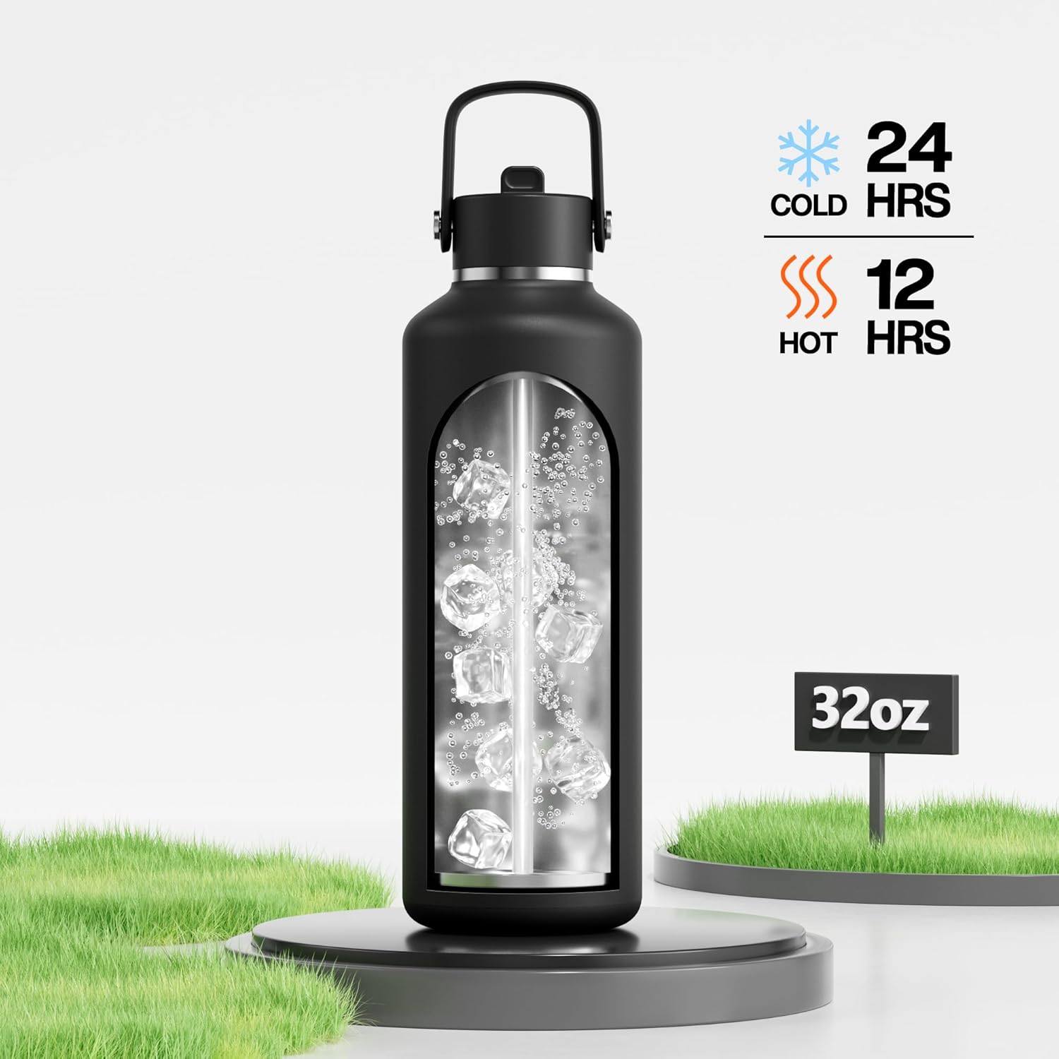 POWCAN 32 oz Insulated Water Bottle with Straw: Leakproof, Top Handle, Keep Cold 24H, BPA-Free, Double Wall Stainless Steel Water Bottle for Travel, Sport, Gym, Outdoors, Camping (Midnight Black)