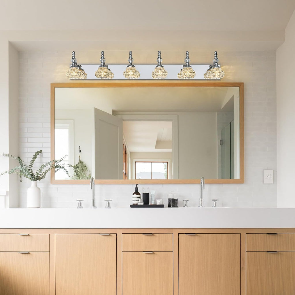 Modern Glass Crystal Vanity Light - Vintage Bathroom Lighting Fixtures Over Mirror, 6 Light Vanity Lights G9 Bulb (43.3 Inch, Chrome)