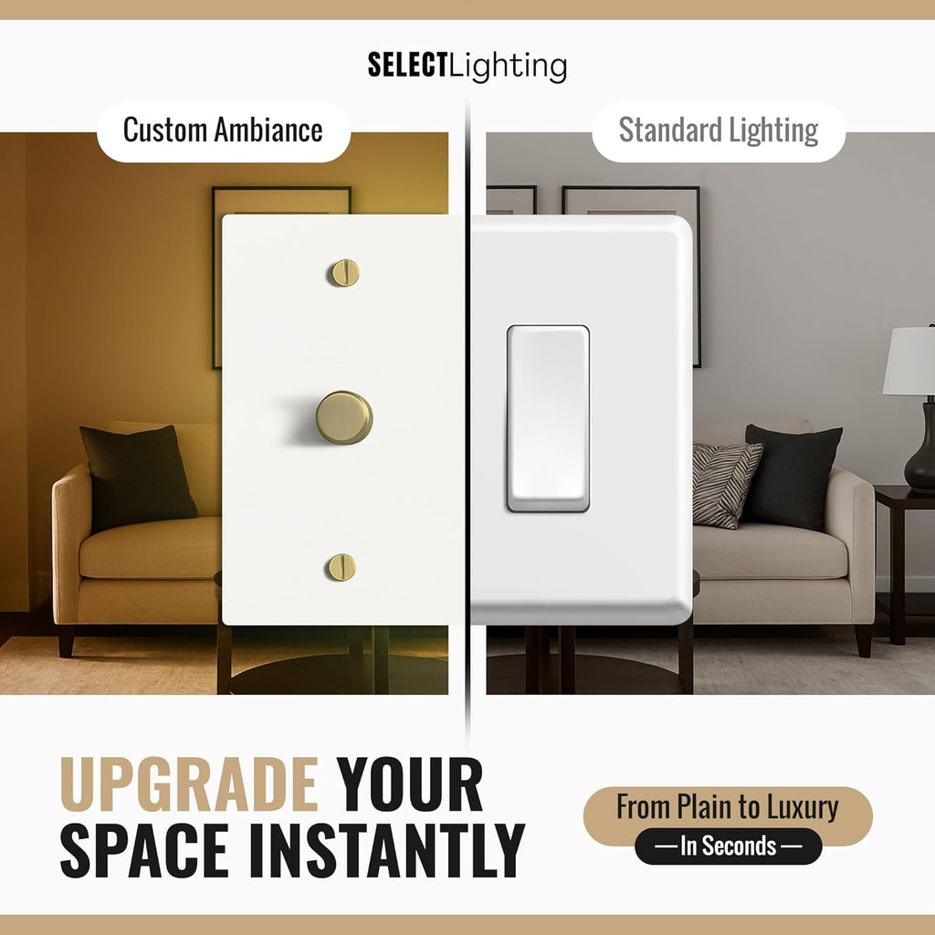 Select White Brass Dimmer Light Switch, 1 Way Rotary Dimmer, 3 Gang TRIAC/Leading Edge Dimmable LED Light Switch, 15A 120V AC with Brass Knob, Faceplate & Dimming Module, UL Listed