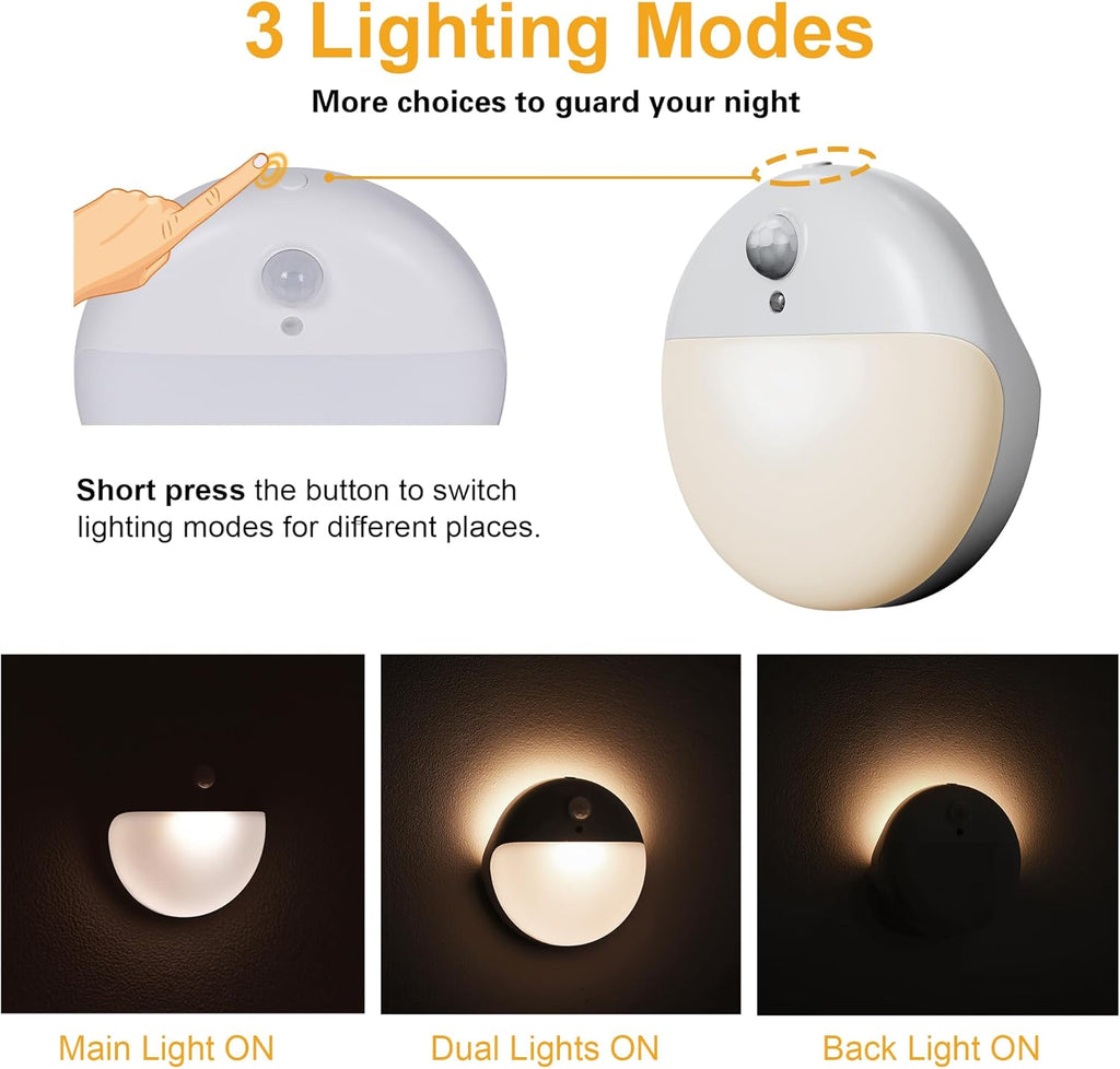 2 Pack Motion Sensor Light Indoor, 2.6" Small Stick on Lights for Stairs, Bathroom, Dimmable Battery Night Light, 3 Light Modes, Soft LED Light for Travel, Toliets, Bedroom, Kids, Warm White
