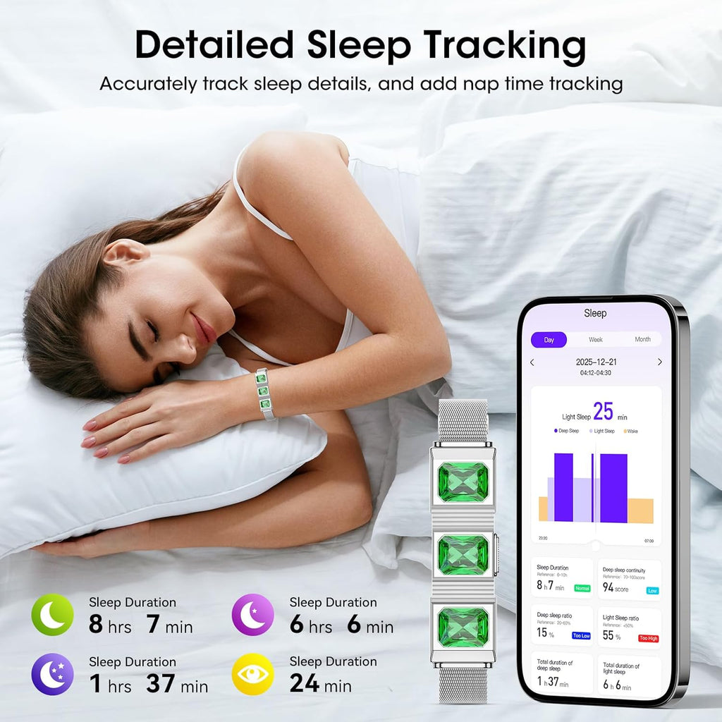 Mingtawn Women's Smart Bracelet with 2 Bands, Health Fitness Tracker, 24/7 Heart Rate/Blood Oxygen/HRV/Sleep Monitor, Fashion Emerald Wristband with Message/Call Reminder Free Subscription (Silver)