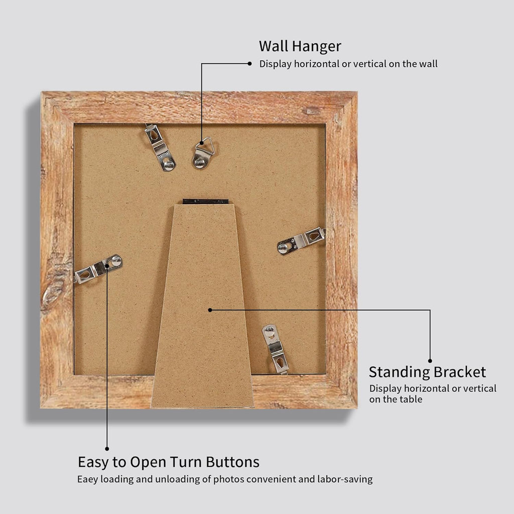 iRahmen 6x6 Picture Frame Set of 4 with Real Glass, Rustic Brown Frames Display 4x4 Picture with Mat or 6 x 6 Without Mat, Square Wood Photo Frame for Wall Mount and Tabletop Display