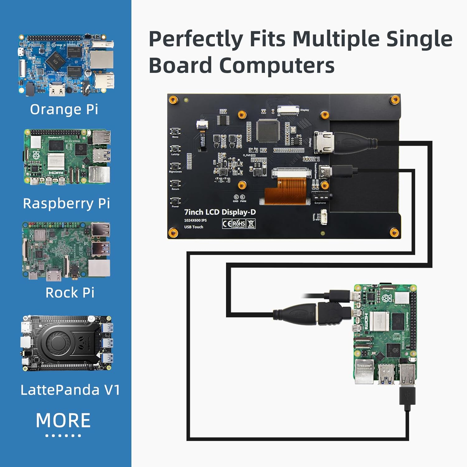 7 Inch IPS LCD Touch Screen Display 1024×600 HDMI Capacitive Mini Small Monitor for Raspberry Pi 5/4/3/2/B/B+, BB Black, Win 11/10/8/7