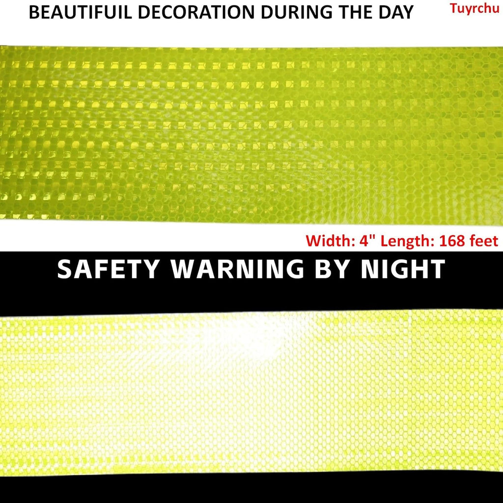 Fluorescent Yellow Reflective Tape Outdoor Waterproof 4 inch Wide, High Visibility Warning Safety Industrial Marking Tape (168 feet)