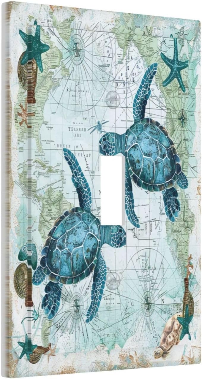 Decorative Light Switch Cover Nautical Green Sea Turtles Beach Blue Ocean 1 Gang Single Toggle Device Electrical Faceplate Switchplates Decorator Outlet Wall Plate For Bathroom Kids Room
