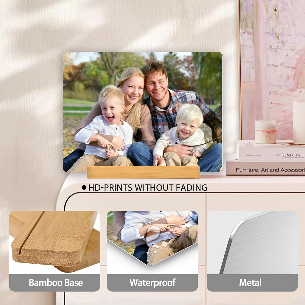 Custom Photo Prints - Metal Desktop Picture Frame with Photos & Wooden Base Personalized Gifts for Family Friends Lovers and Pets, Optional Multiple Sizes
