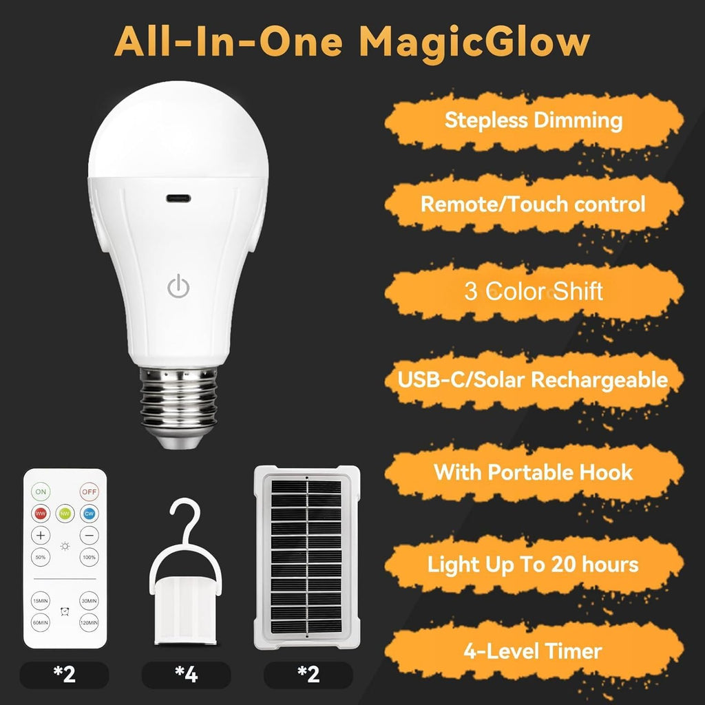 Neporal MagicGlow Rechargeable Solar Light Bulbs with Remote, USB+Solar Rechargeable Bulbs,3 Colors Shift + Dimmable Battery Light Bulb, A19 Emergency LED Light Bulbs, 15W, Up to 24 Hours, 2 Pack