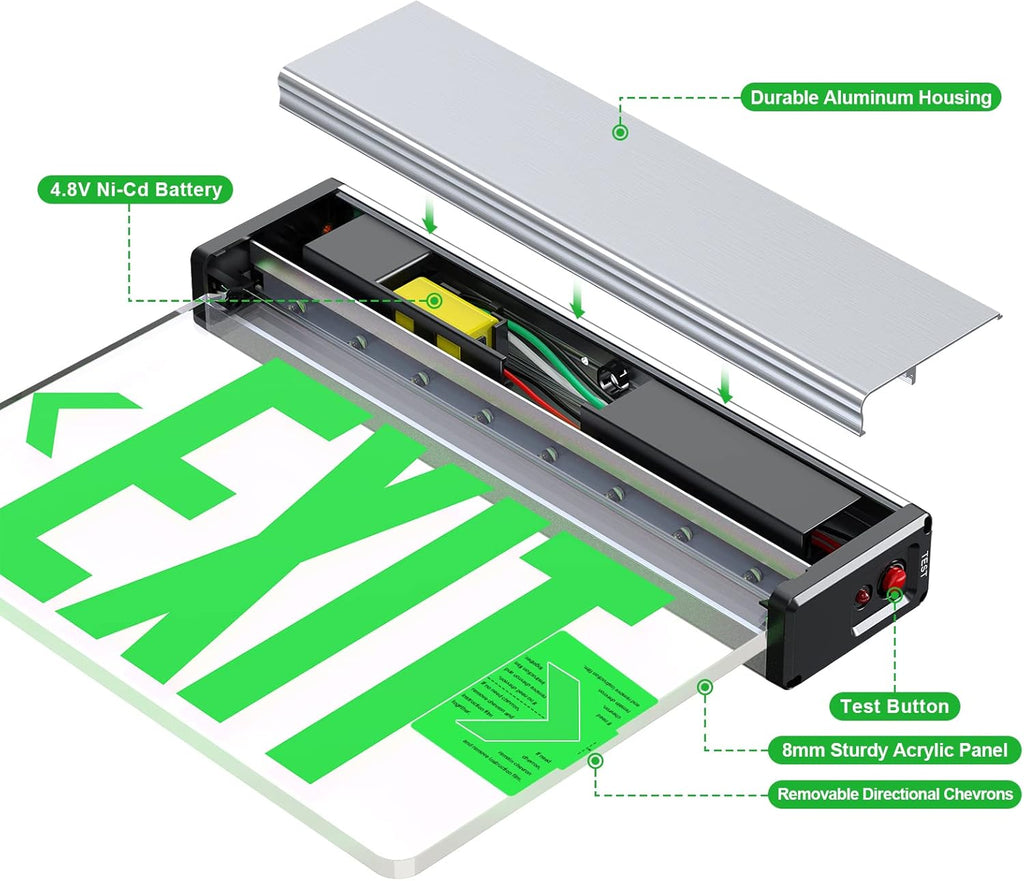 Green LED Edge Lit Exit Sign Brushed Aluminum Housing, UL Listed Emergency Exit Signs Single Sided Clear Acrylic with Battery Backup, AC 120-347V Hardwired Exit Lights, Top/Side/Wall Mount (1 Pack)