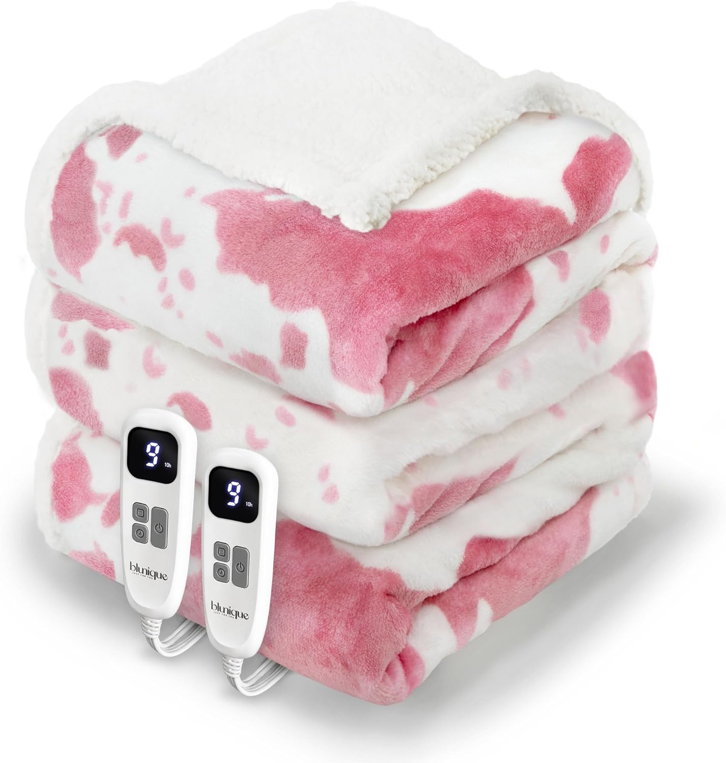 Cow Print Heated Electric Blanket King Size-Heating Blanket King Size with 10 Heat Levels & 10 Hours Auto-Off, Cozy Soft Fleece Sherpa, Washable, 90x100 Inche Cow Print Pink