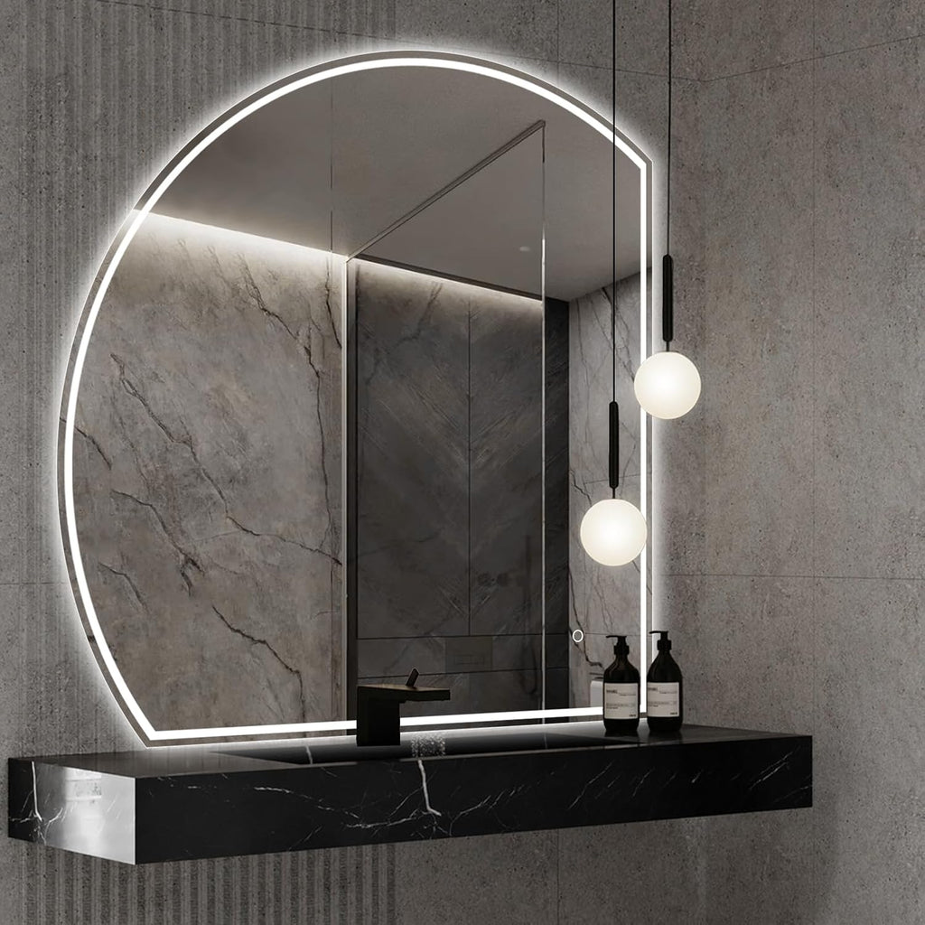 Niccy Half Moon Led Mirror for Bathroom, 48" Semi Round Backlit Mirror for Wall Lighted Mirror with Frameless 3 Color, Defogger, Explosion-Proof, HD Glass and IP65 Vanity Mirror
