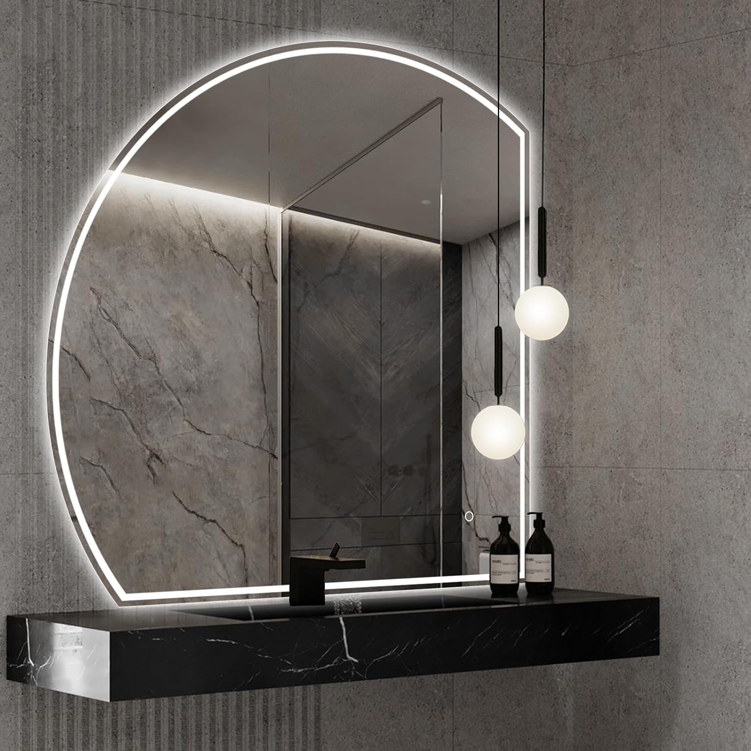 Niccy Half Moon Led Mirror for Bathroom, 48" Semi Round Backlit Mirror for Wall Lighted Mirror with Frameless 3 Color, Defogger, Explosion-Proof, HD Glass and IP65 Vanity Mirror