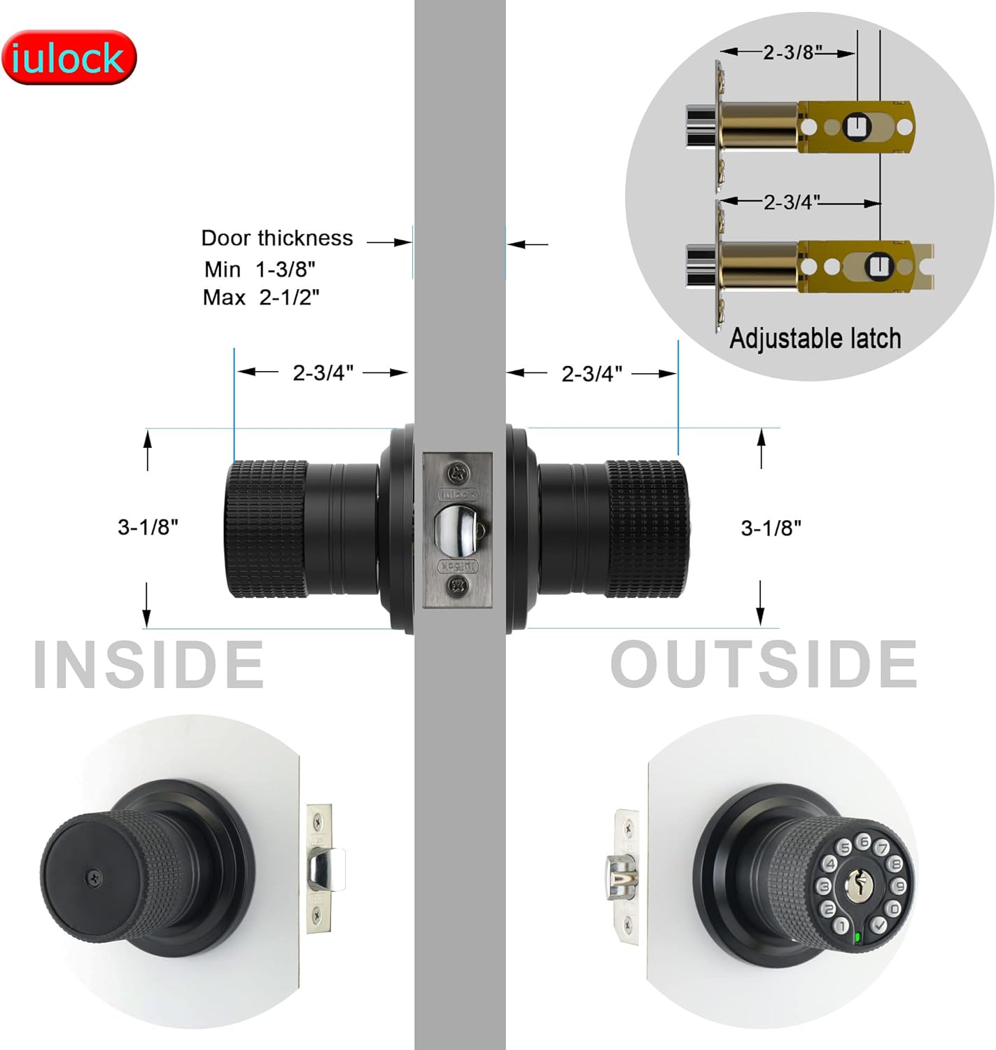 Smart Door Knob with Keypad and Key,Keyless Entry Door Lock with Rubber Grip, Auto Lock,50 User Code,Waterproof, Easy to Install and Program for Bedroom(Matte Black Same Key 8 Pack)